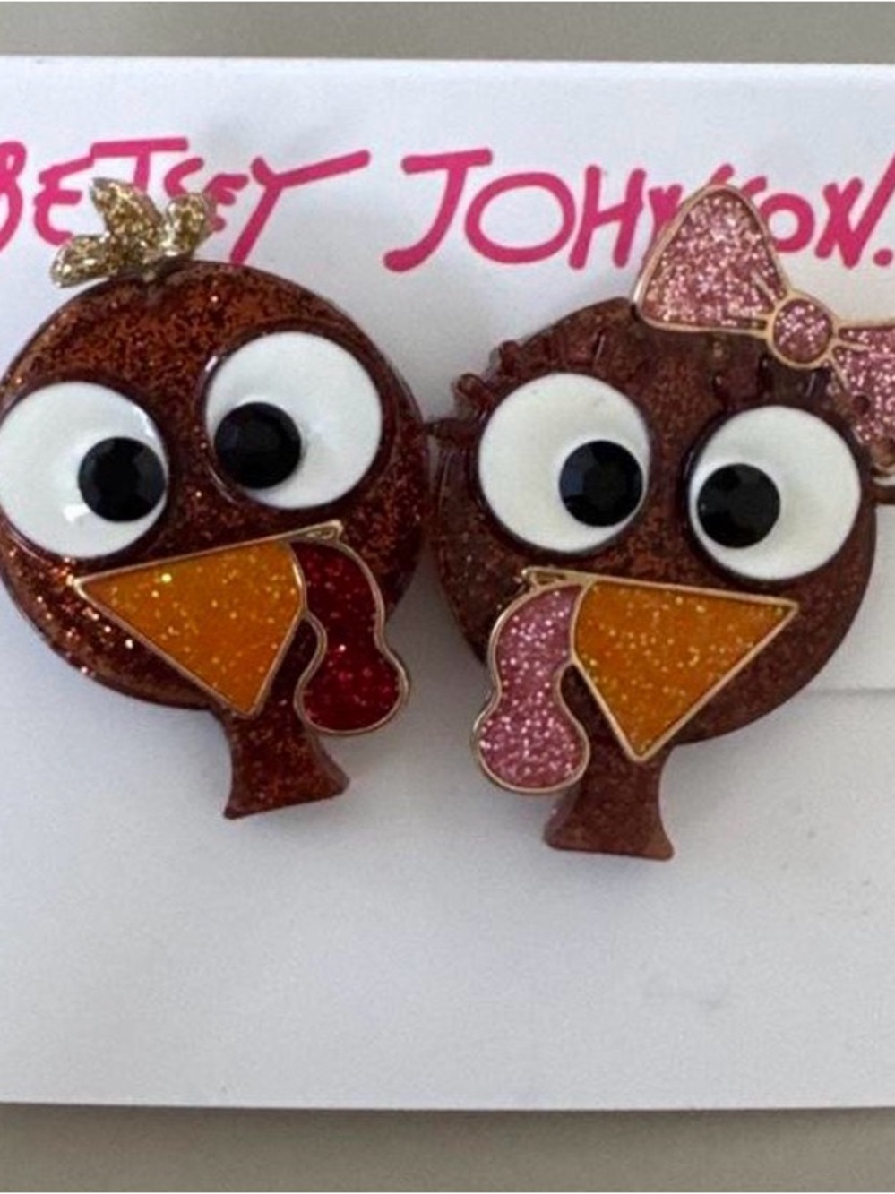 Betsey Johnson Brown Glitter Turkey Bird Pair Earrings